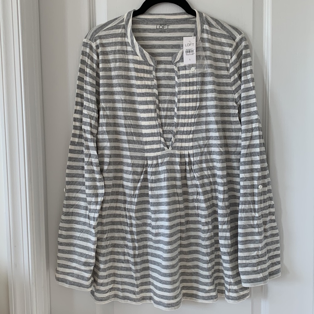 NWT LOFT 100% Cotton Stripe Deep V-Neck Long Sleeves Tunic Top Size Large - Picture 11 of 12